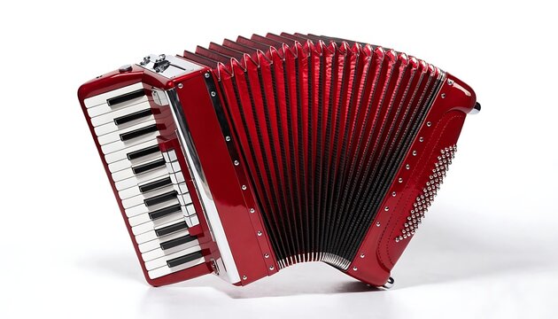Red accordion with fully extended bellows realistic musical instrument With shadow. AI GENERATED.