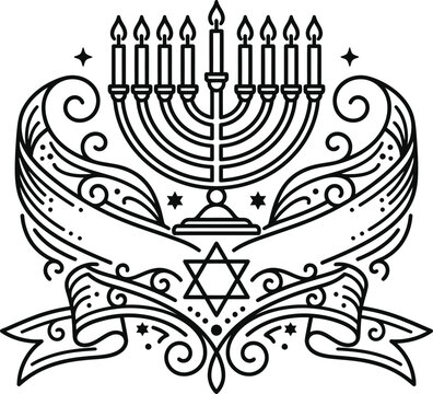 Jewish menorah and star of david vector icon line art with hanukkah, religion