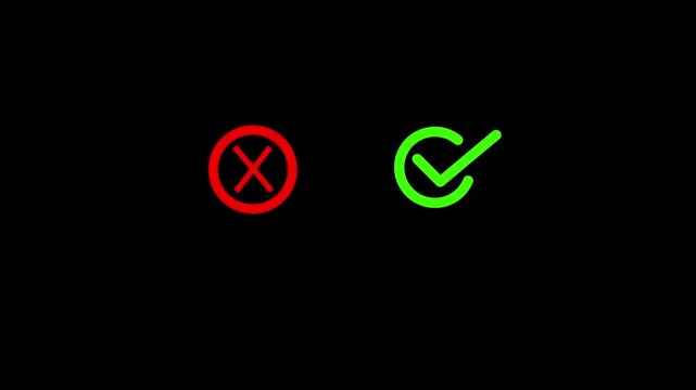 Red Cross Wrong Sign and Green Check Right Mark Icon Animation, True or False, Do's and Don'ts, Approved or Rejected Choice Concept Motion Graphic Isolated on Black Background.