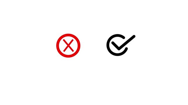 Red Cross Wrong Sign and Black Check Right Mark Icon Animation, True or False, Do's and Don'ts, Approved or Rejected Choice Concept Motion Graphic Isolated on White Background.