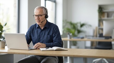 Obraz premium Senior consultant with headset working on laptop in modern office. Older male customer service agent on call at desk. Professional telemarketing and support concept