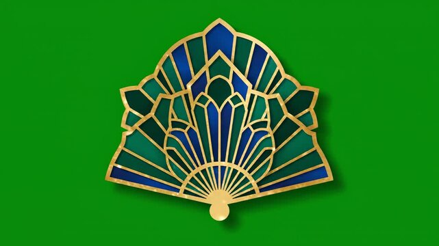 A green background with a gold, blue, and green fan-shaped object