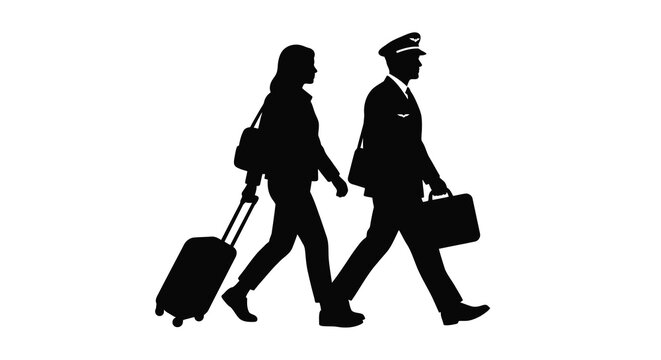 Pilot And Woman Walking With Luggage Black Silhouette