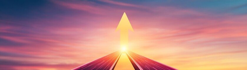 Fototapeta premium Image contents A bright yellow arrow pointing upwards, emerging from a vanishing point formed by two converging metallicreflective paths. The background is a vibrant sunsetsunrise sky