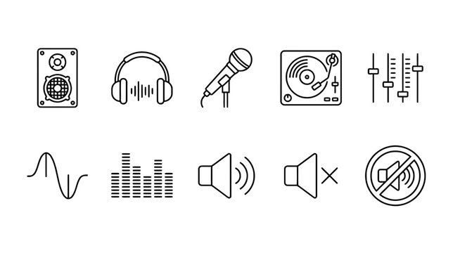 Audio equipment line icons speaker headphones microphone turntable mixer sound wave volume control