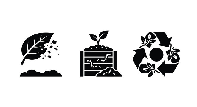 Leaf decomposition composting bin and recycling symbol silhouettes