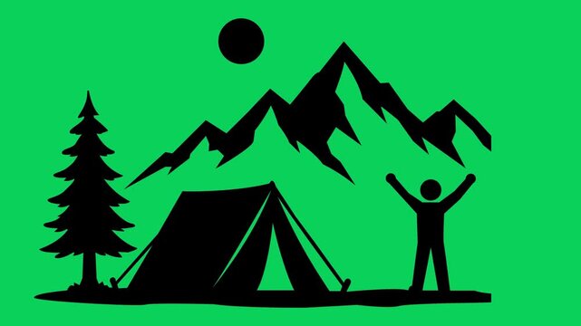 Camping silhouette landscape animation with pine tree mountains tent and person on green background