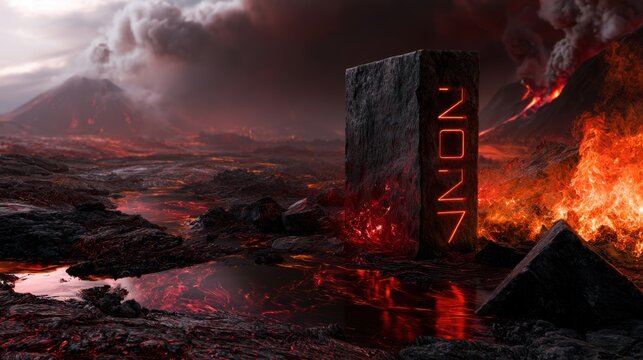 Monument glowing with fiery runes stands amid volcanic landscape with flowing lava and erupting mountain under dark smoky sky at dusk
