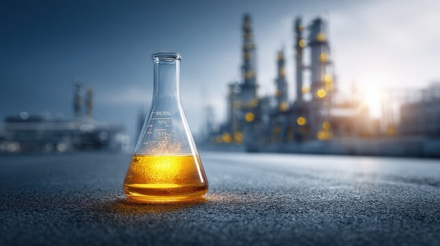 Chemical flask with glowing yellow liquid in front of blurred industrial refinery at sunset, symbolizing energy, chemistry, and research.