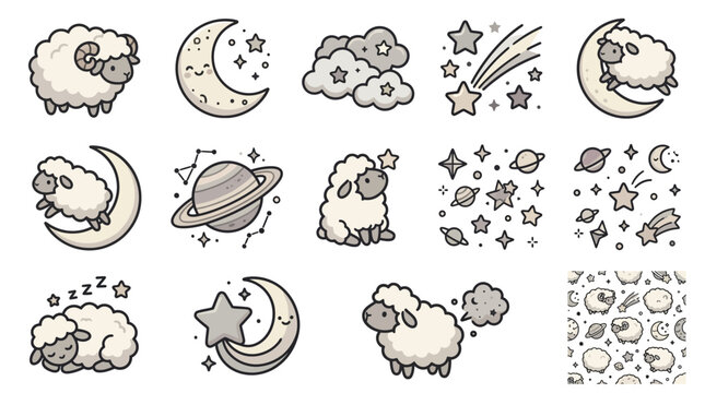 Cartoon sheep in space with comets and planets.