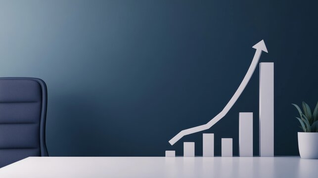 Input An image showing a minimalist office setting. A dark blue wall, a white desk, a dark office chair (left), a white potted plant (right) and a 3D white bar graph with an