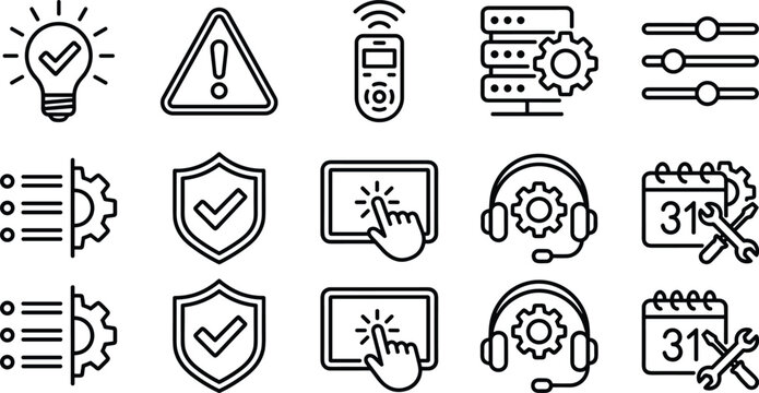 Set of outline web icons representing various digital technology and business management configuration tools.