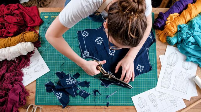 Woman Crafting Embroidery with Colorful Thread and Fabric in Creative Workshop.