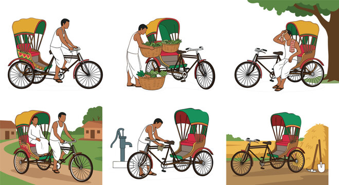 Traditional Bangladeshi Rickshaw Puller Vector Set Featuring Rural Daily Life Scenes with Vegetable Vendor, Passenger, and Cleaning Icons for South Asian Culture Designs