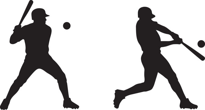 Silhouettes of a baseball player batting isolated on white background