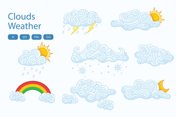 Obraz premium Weather Icons Collection | Cloud, Rain, Sun, Snow, Rainbow & Storm Vector Set