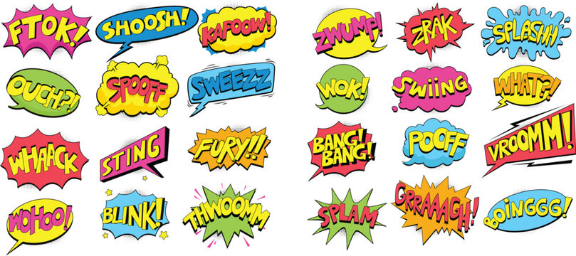 Comic Book Sound Effects Pack | Colorful Pop Art Speech Bubbles | Cartoon Explosion Text Set