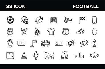 Football outline vector icon set, 28 soccer line icons featuring soccer ball, football helmet, rugby ball, goal post, referee whistle, corner flag, red card, stopwatch, trophy, medal, jersey, shorts,  © Shanta Akter Ahk