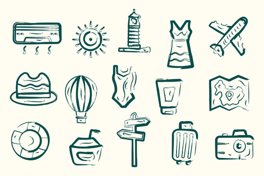 Summer vacation travel doodles pack retro beach resort elements line art naive design
