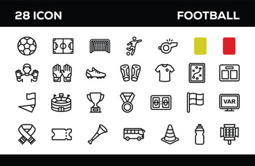 Football Outline Icon Set with Soccer Ball, Field, Goal, Referee, Whistle, Jersey, Boots, Gloves, Trophy, Stadium, Match Equipment and Sports Line Symbols Vector Collection © Shanta Akter Ahk
