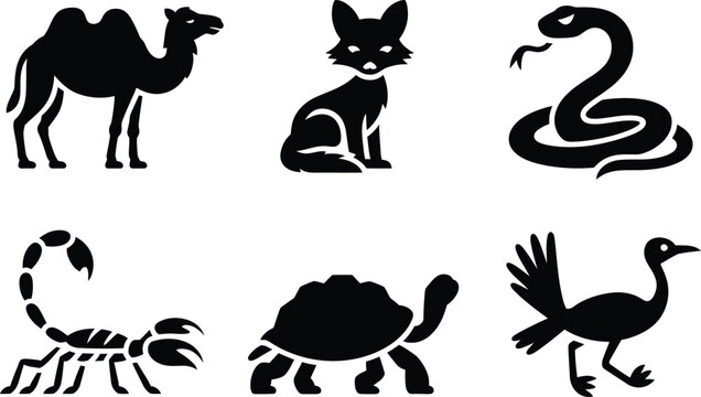 Collection of six black silhouettes of desert animals: camel fennec fox snake scorpion tortoise roadrunner on a white background with animal group desert life hot climate flat design desert dwelle