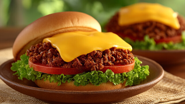 Two delicious sloppy joe sandwiches with melted cheese on round plates over wood table