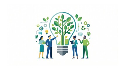 Fototapeta premium Sustainable team brainstorming and green business innovation ideas vector concept with abstract geometric tree lightbulb on white background