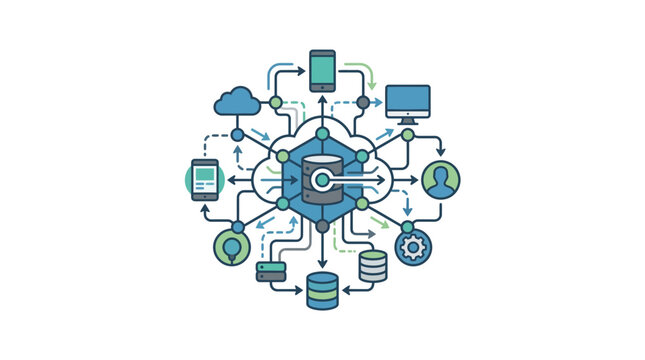 Centralized network infrastructure icon with connected devices.