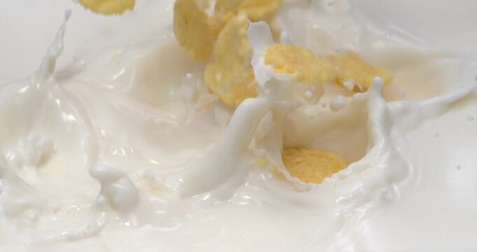 Corn flakes falling into milk or yogurt with splash in super slow motion 1000 fps