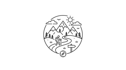 Fototapeta premium Circular hiking trail mountain landscape line art illustration.