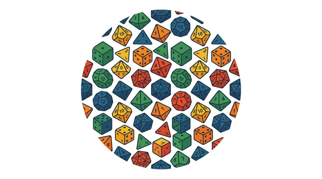 Circular group of multi-sided tabletop roleplaying game dice