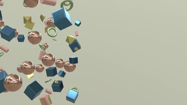 Abstract 3d animation of blue, copper and pink metallic geometric shapes falling in slow motion