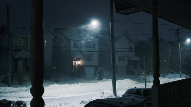 A fierce snowstorm hits Beachville in Nova Scotia, creating towering drifts and strong winds. The night sky illuminates the snowy scene, transforming the town into a winter marvel