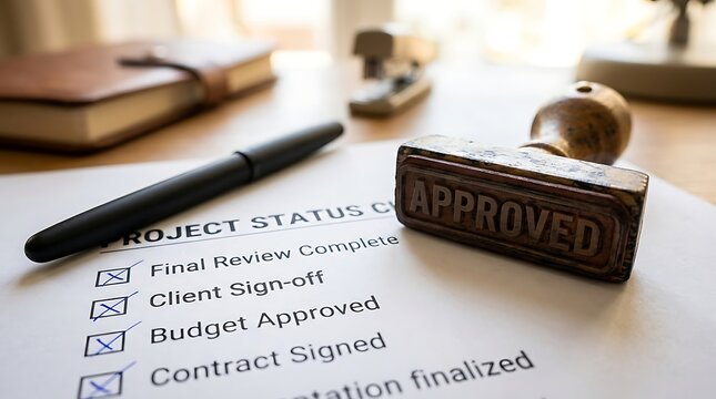 Project status checklist with approved stamp on wooden desk