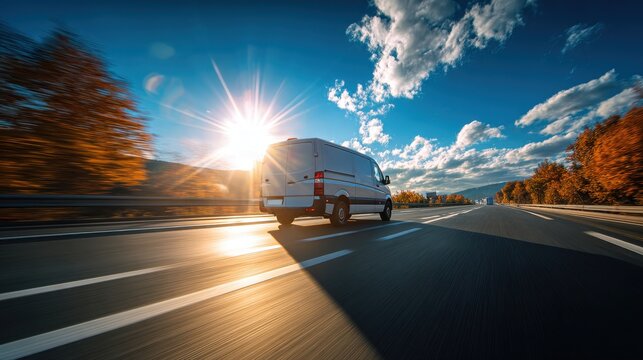 White delivery van driving fast on a highway at sunrise with autumn landscape and motion blur