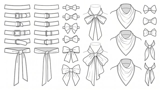 Fashion Accessory Technical Sketch Set: Belts, Bows, Scarves, and Bandanas