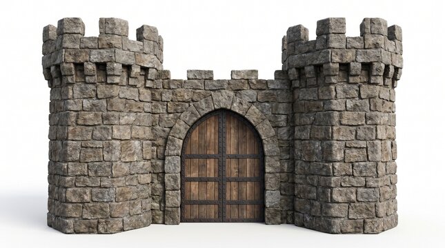 3D rendering of a medieval castle gate with stone walls and wooden