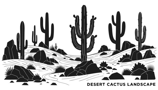 Very beautiful black and white vector of a DESERT CACTUS LANDSCAPE with a bold label reading "DESERT CACTUS LANDSCAPE", featuring towering cacti, rolling sand dunes, scattered rocks, desert shrubs, an