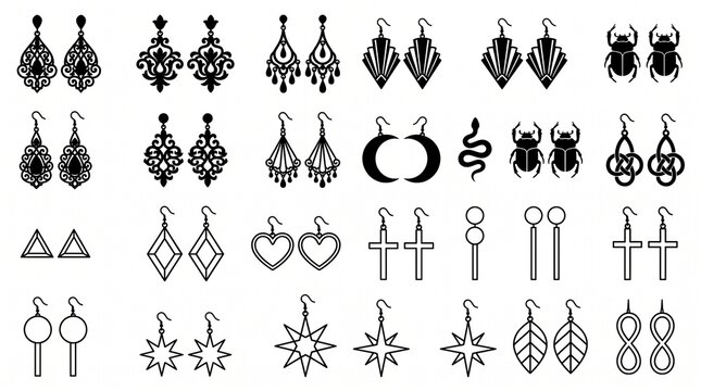 Earring Silhouette Vector Icons Set: Jewelry Designs Including Boho, Gothic, Minimalist and Vintage Styles