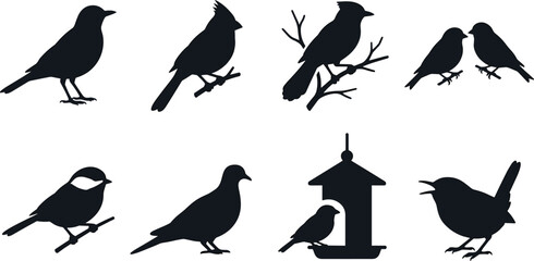 Fototapeta premium Black silhouette flying bird vector icon set featuring migratory flock crane swallow and goose