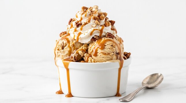 Delicious caramel and whipped cream topped ice cream in a white cup
