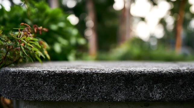 A close up view of a sophisticated cement plinth contrasted with blurred greenery in the distance