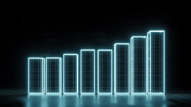 Futuristic glowing blue wireframe bar graph showing financial growth and digital data business progress on dark background