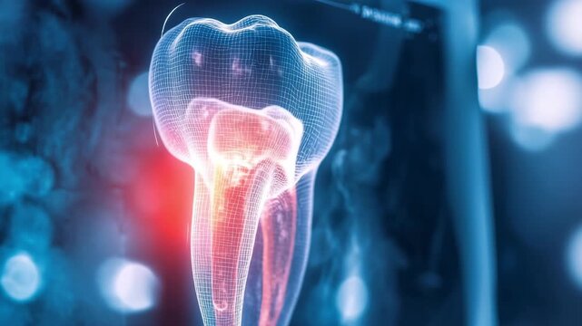 Glowing wireframe tooth on a dark blue background, dental technology, oral health, digital scan, futuristic concept.
