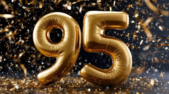 Festive golden balloons shaped as number ninety-five surrounded by sparkling confetti celebrating a special milestone or anniversary event
