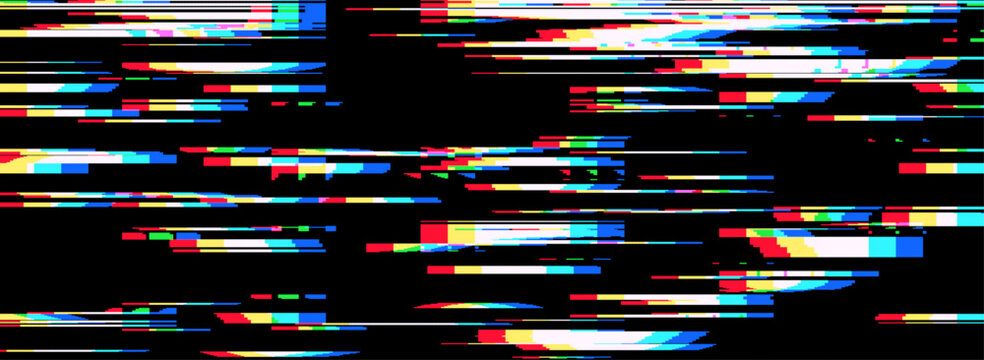 Digital glitch effect on tv noise with neon pixels. Vhs pattern for retro video game background overlay. 80S light and camera screen textures in design.