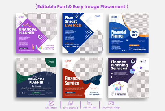 Professional Accounting Social Media postes ads banners Kit templates bundle, Financial Planning Instagram Banner Templates, Tax Audit Investment Promotion Ads Design Pack