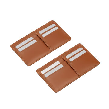 Pair of brown leather cardholders with slots for cards and cash isolated on transparent background