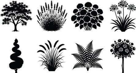Fototapeta premium Garden Plants Flowers and Landscape Shrubs Vector Silhouette Collection Isolated on White Background