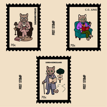 Collection of Philosophical Icon Cats as Vintage Postage Stamps Featuring C.G. Jung Sigmund Freud and S&oslash;ren Kierkegaard with Minimalist Line Art Illustrations for Educational Design Project